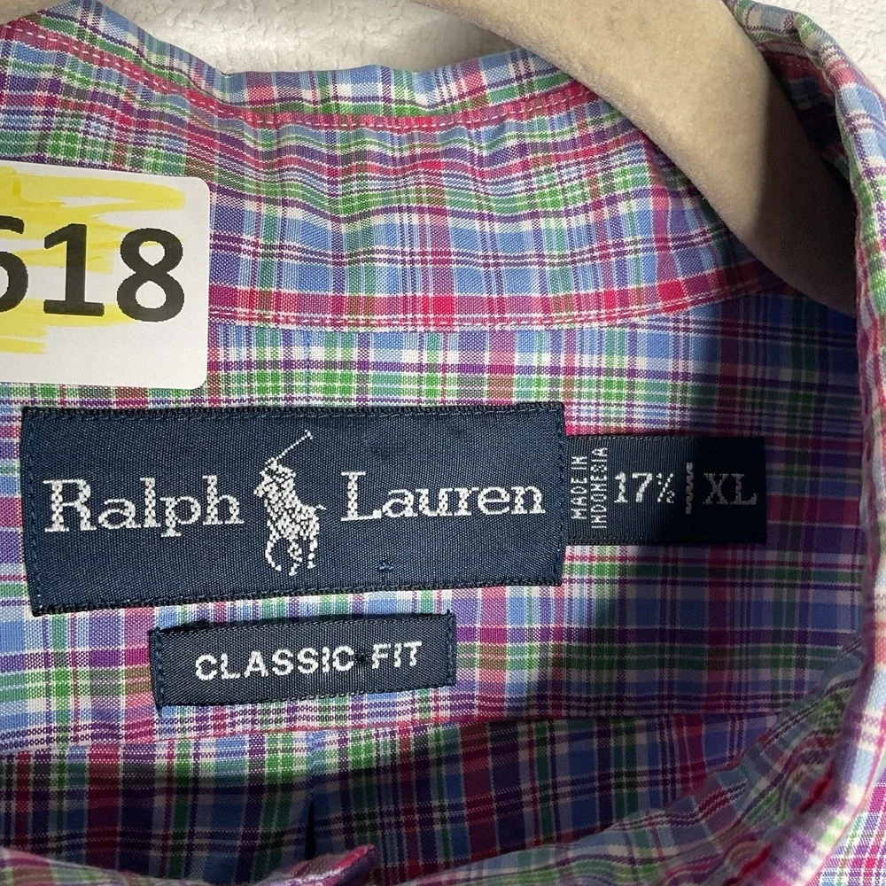 Polo Ralph Lauren Shirt Men XL  17 1/2Long Sleeve‎ Green Pink Plaid Button Down